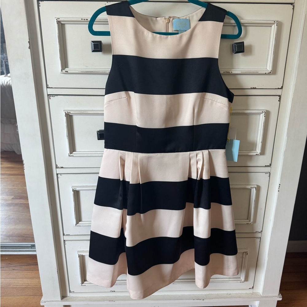 CeCe Stylish Black and Cream Satin Striped Mini Dress